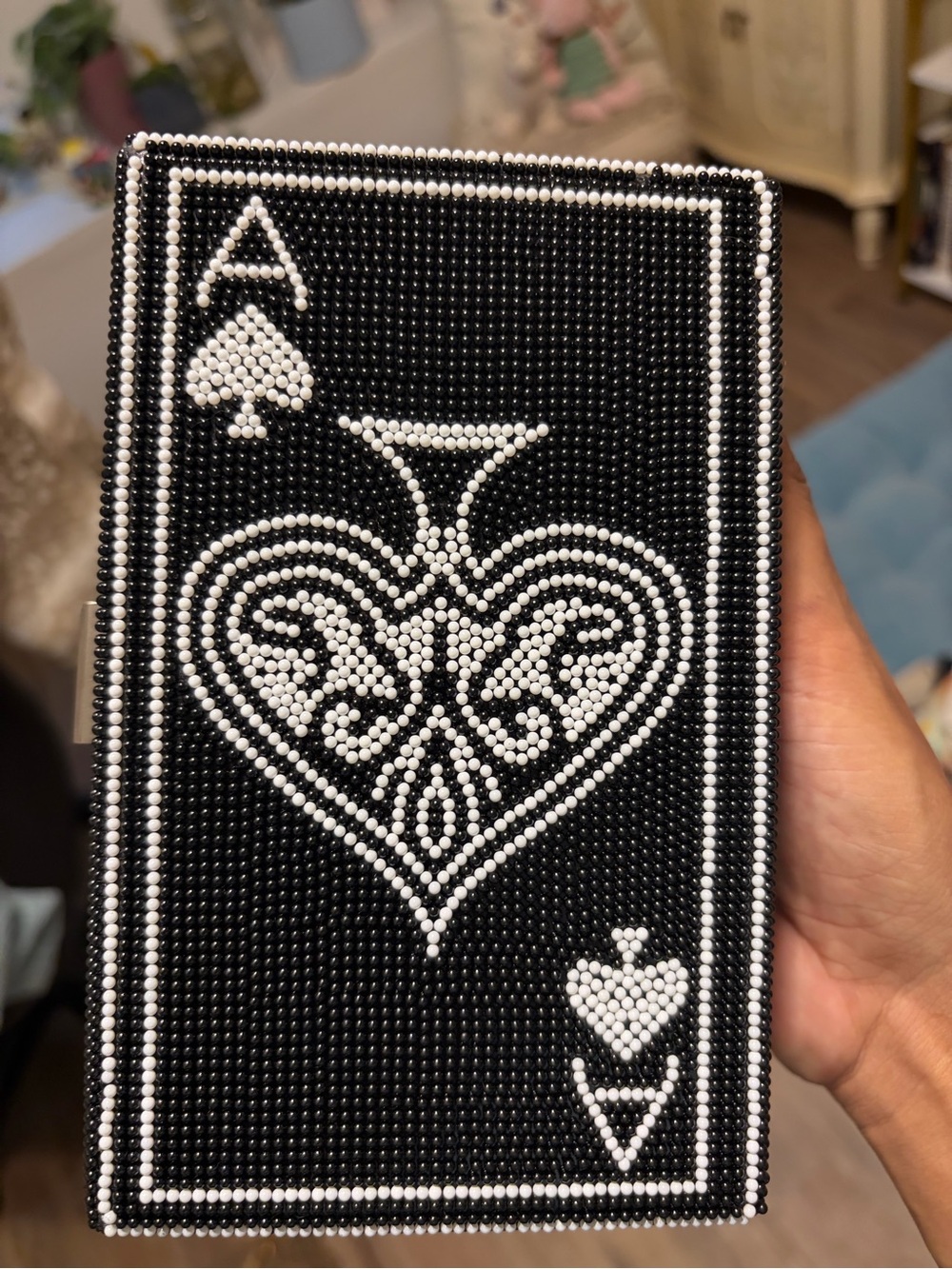 Beaded Ace of Spades Card Decorative Box Clutch w/ silver crossbody chain - Picture 9 of 10
